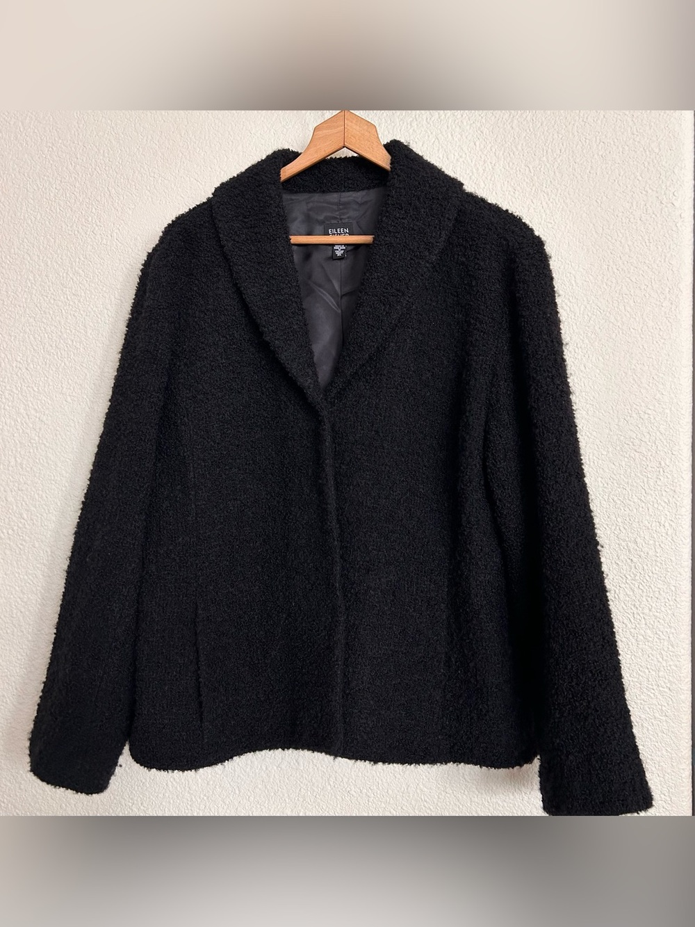 Eileen Fisher Black Italian Wool Airy Boucle Shawl
Collar Jacket XL lightweight